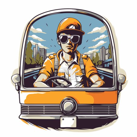 Téléchargez les illustrations : Un homme hippie conduisant un bus. Illustration vectorielle pour votre design - en licence libre de droit