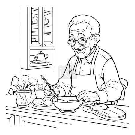Téléchargez les illustrations : Homme âgé cuisinant dans la cuisine. illustration vectorielle noir et blanc - en licence libre de droit