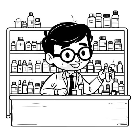 Illustration for Black and white cartoon of a pharmacist in a drugstore. - Royalty Free Image