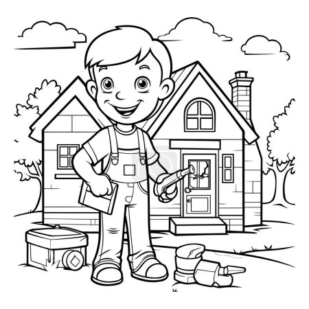 Téléchargez les illustrations : Illustration de dessin animé noir et blanc d'un petit garçon construisant une maison ou une maison pour un livre à colorier - en licence libre de droit