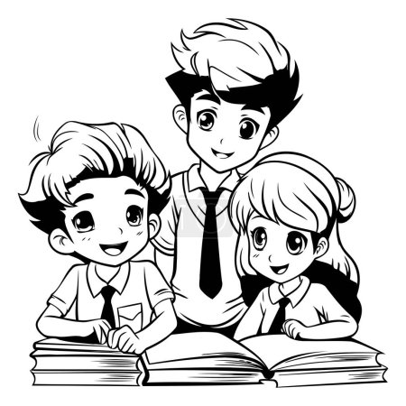 Téléchargez les illustrations : Dessin animé noir et blanc illustrant des enfants étudiant ou apprenant à l'école - en licence libre de droit
