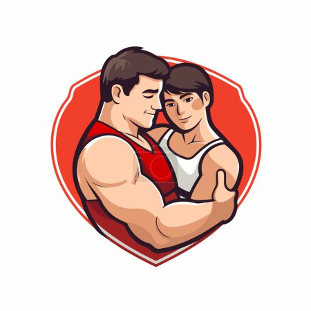 Illustration for Vector illustration of a male bodybuilder and his son hugging viewed from front set inside circle done in retro style. - Royalty Free Image