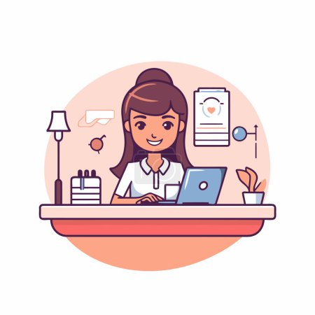 Woman working at home office. Vector illustration in flat cartoon style.