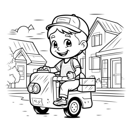 Téléchargez les illustrations : Mignon garçon dans une casquette conduisant une voiture jouet. Illustration vectorielle. - en licence libre de droit