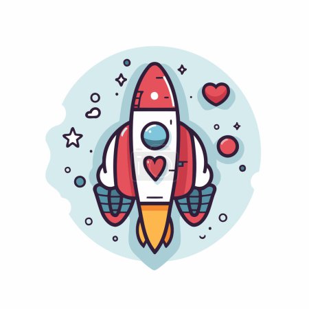 Illustration for Space rocket with hearts and stars. Vector illustration in line style. - Royalty Free Image