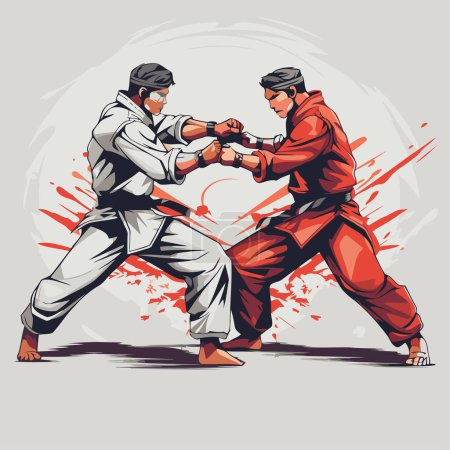 Téléchargez les illustrations : Formation aux arts martiaux. Deux hommes en tenue de sport se battent. Illustration vectorielle. - en licence libre de droit