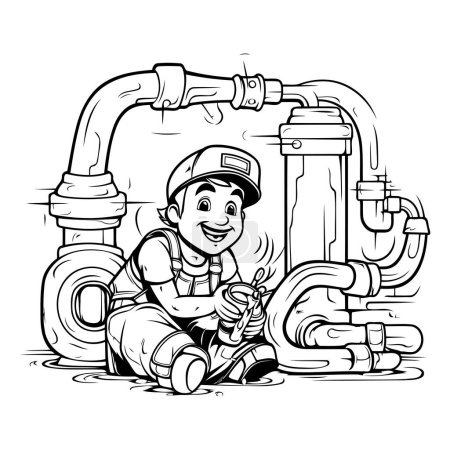 Illustration for Illustration of a Plumber Repairing a Water Pipe - Coloring Book - Royalty Free Image