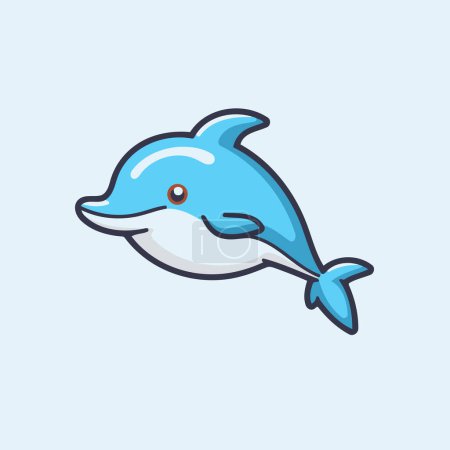 Ilustración de Lindo delfín de dibujos animados. Ilustración vectorial de un delfín sobre un fondo azul claro. - Imagen libre de derechos