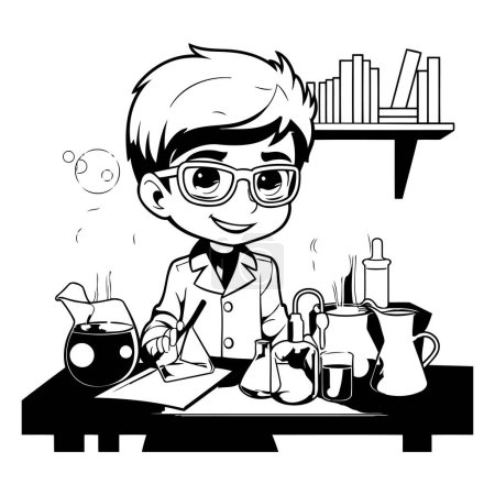 Ilustración de Niño en vasos sentado en la mesa y bebiendo té. Ilustración vectorial. - Imagen libre de derechos