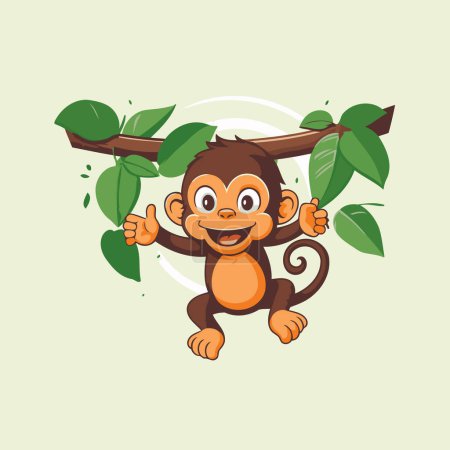Téléchargez les illustrations : Singe personnage de dessin animé sur fond de feuilles vertes. Illustration vectorielle du singe drôle. - en licence libre de droit