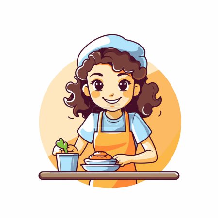 Téléchargez les illustrations : Jolie petite fille dans un tablier servant de la nourriture. Illustration vectorielle. - en licence libre de droit