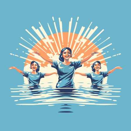 Ilustración de Grupo de mujeres jóvenes y felices saltando en el agua y sonriendo. Ilustración vectorial. - Imagen libre de derechos