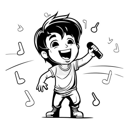 Téléchargez les illustrations : Caricature garçon chantant karaoké avec microphone. Illustration vectorielle. - en licence libre de droit