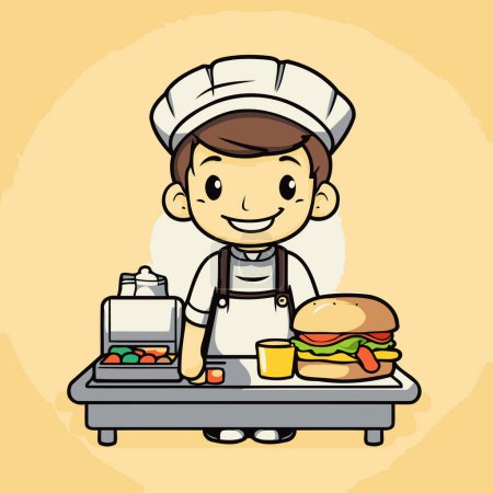 Téléchargez les illustrations : Illustration d'un mignon petit garçon habillé en chef tenant un hamburger - en licence libre de droit