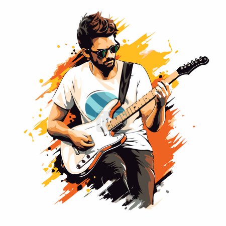 Téléchargez les illustrations : Illustration vectorielle d'un jeune homme jouant de la guitare sur fond de grunge. - en licence libre de droit