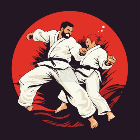 Ilustración de Karate hombre y mujer luchando en el fondo de la ilustración vector del sol - Imagen libre de derechos