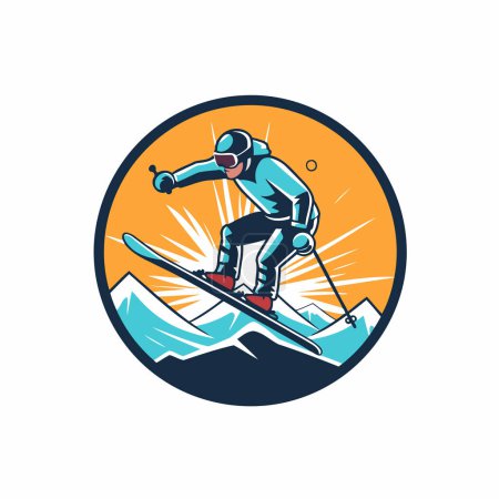 Téléchargez les illustrations : Icône de ski. Illustration vectorielle d'un skieur de snowboard sautant sur une montagne enneigée. - en licence libre de droit