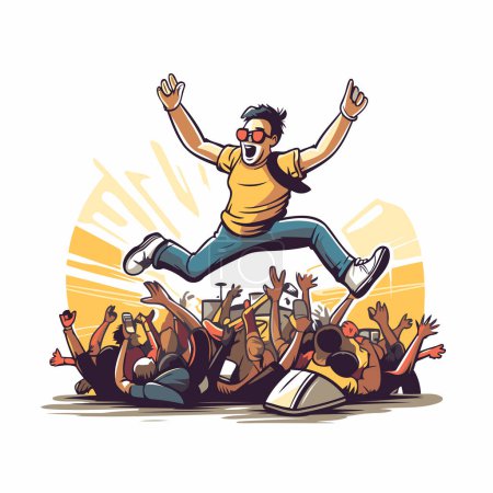 Ilustración de Ilustración vectorial de un hombre saltando frente a la multitud de personas. - Imagen libre de derechos