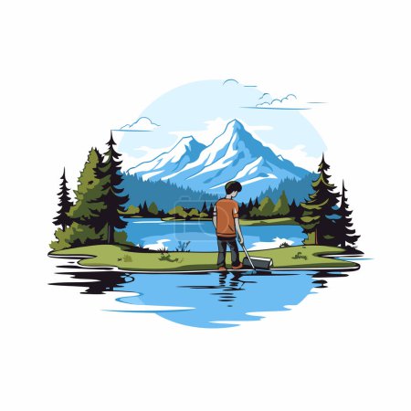 Ilustración de Hombre remando en un lago en las montañas. Ilustración vectorial. - Imagen libre de derechos