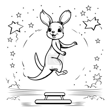 Illustration for Kangaroo jumping in the starry sky. Black and white vector illustration. - Royalty Free Image