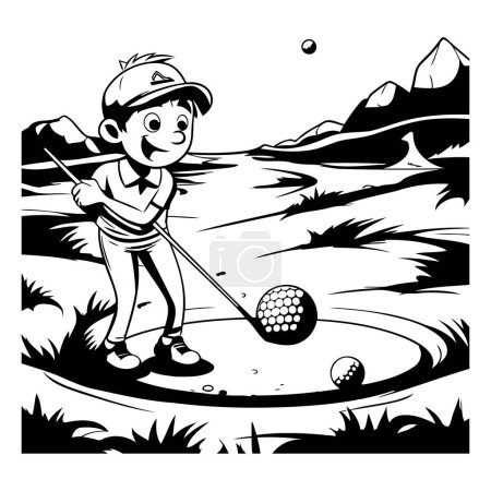 Illustration for Boy playing golf. Black and white vector illustration for coloring book. - Royalty Free Image