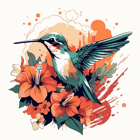 Téléchargez les illustrations : Illustration vectorielle d'un colibri avec un bouquet de fleurs. - en licence libre de droit
