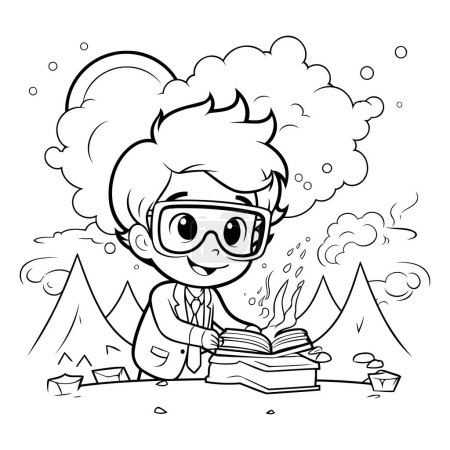 Téléchargez les illustrations : Illustration de bande dessinée en noir et blanc d'un enfant lisant un livre au parc ou en forêt Coloriage - en licence libre de droit