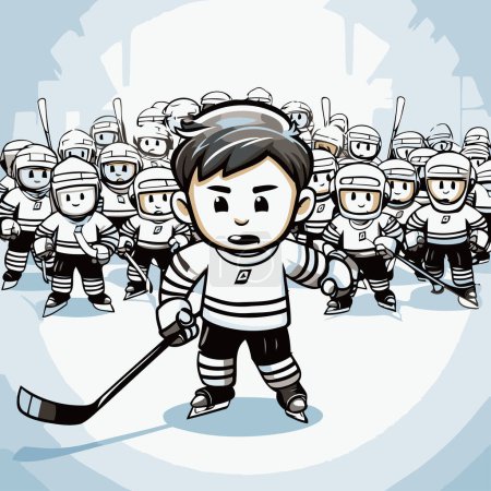 Illustration for Illustration of a boy playing ice hockey with his team in the background - Royalty Free Image