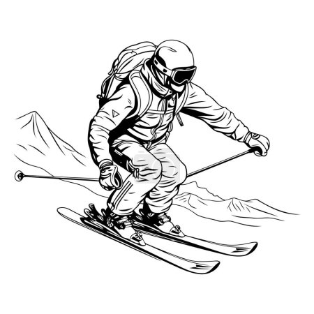 Téléchargez les illustrations : Ski et skieur. illustration vectorielle noir et blanc. - en licence libre de droit