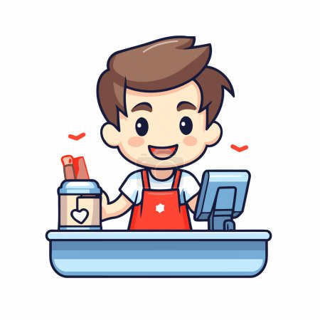 Illustration for Cute boy barista working at the bar. Vector illustration. - Royalty Free Image