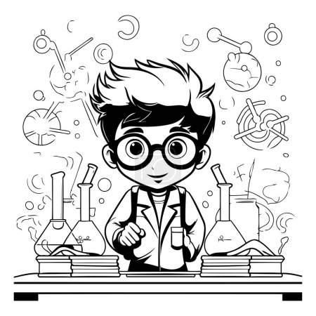 Illustration for Black and white vector illustration of a boy scientist in the laboratory. - Royalty Free Image