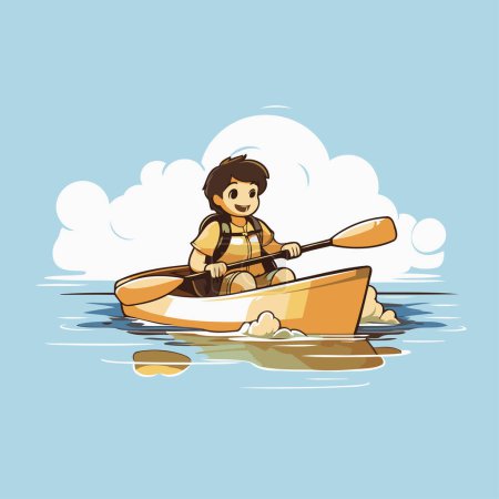 Téléchargez les illustrations : Homme dessin animé mignon dans un kayak sur l'eau. Illustration vectorielle. - en licence libre de droit