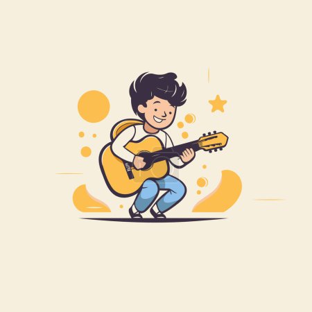 Ilustración de Ilustración vectorial de un niño tocando la guitarra. Lindo personaje de dibujos animados. - Imagen libre de derechos