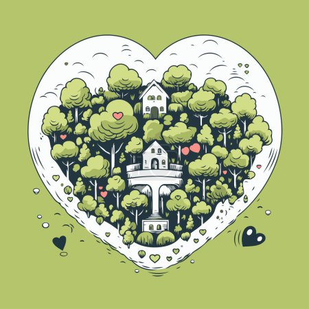 Illustration for Vector illustration of heart shape with castle in the forest. Love concept. - Royalty Free Image