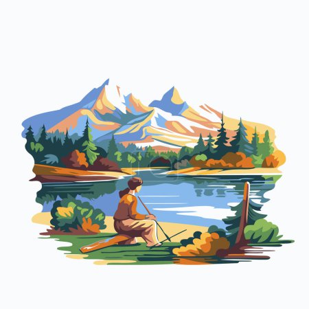 Téléchargez les illustrations : Illustration vectorielle d'un homme assis dans un canot sur un lac. - en licence libre de droit