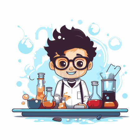 Illustration for Cartoon scientist in lab coat and glasses with test tubes. Vector illustration. - Royalty Free Image