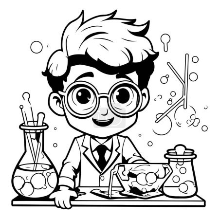 Illustration for Black and White Cartoon Illustration of a Chemist or Professor Character Doing a Science Experiment - Royalty Free Image