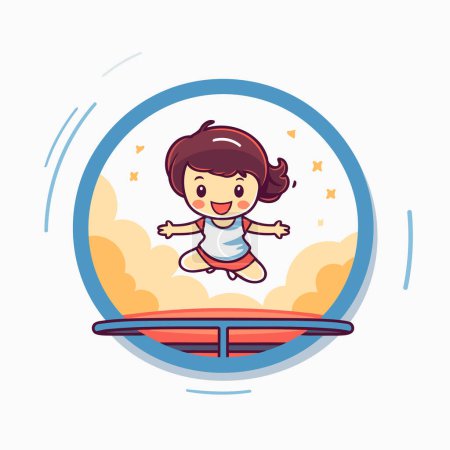 Téléchargez les illustrations : Petite fille sautant sur le trampoline. Illustration vectorielle dans le style dessin animé. - en licence libre de droit
