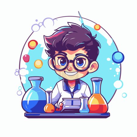 Illustration for Cute boy scientist cartoon character. Vector science illustration in flat style - Royalty Free Image