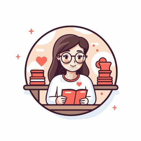 Illustration for Cute girl reading book on bookshelf. Vector illustration. - Royalty Free Image