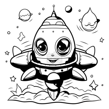 Téléchargez les illustrations : Illustration de dessin animé noir et blanc d'un vaisseau spatial extraterrestre Livre à colorier - en licence libre de droit