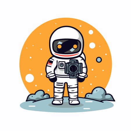 Illustration for Astronaut holding a camera in his hand. Vector illustration. - Royalty Free Image