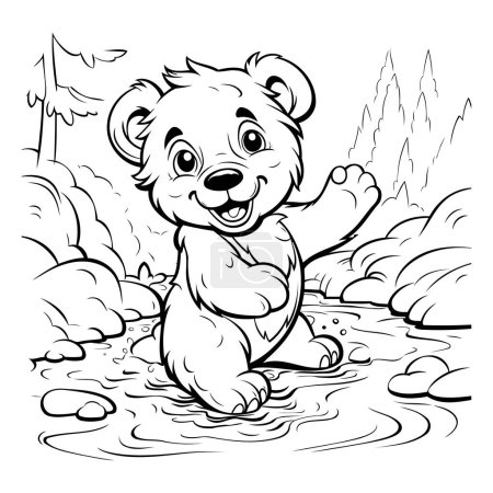 Téléchargez les illustrations : Illustration de bande dessinée en noir et blanc d'ours en peluche mignon personnage animal pour livre à colorier - en licence libre de droit