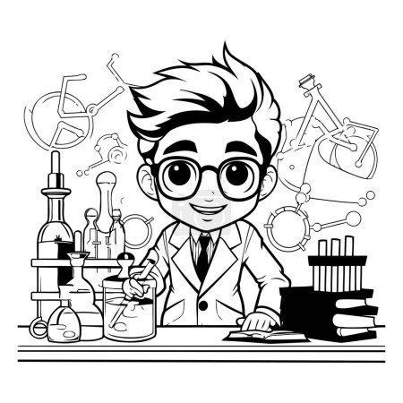 Illustration for Cartoon scientist working in laboratory. Black and white vector illustration. - Royalty Free Image