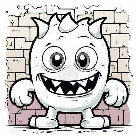 Illustration for Cartoon illustration of a little monster standing in front of a brick wall. - Royalty Free Image