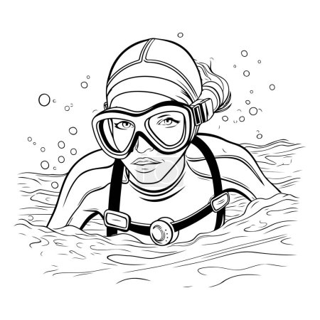 Illustration for Scuba diver in a mask and snorkel. Black and white vector illustration. - Royalty Free Image