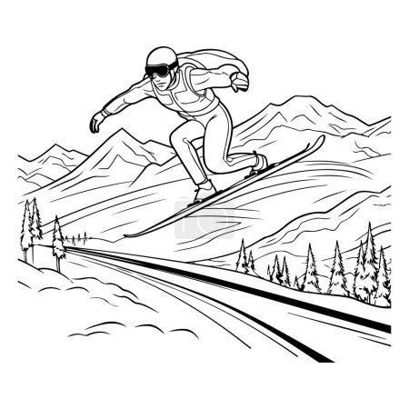 Téléchargez les illustrations : Snowboarder sautant sur les montagnes. Illustration vectorielle. Noir et blanc. - en licence libre de droit