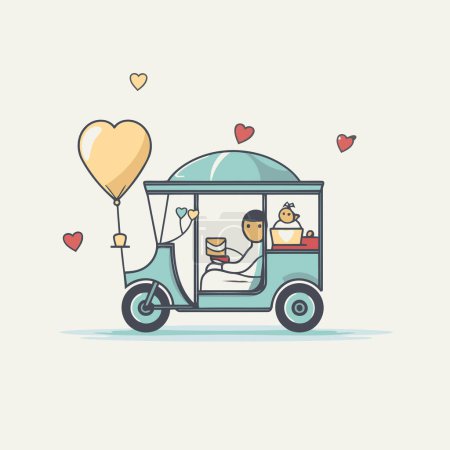 Illustration for Vector illustration of a man riding a tuk tuk with a couple in love - Royalty Free Image