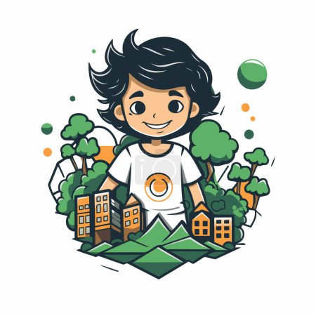 Téléchargez les illustrations : Illustration vectorielle d'un garçon dans un parc urbain avec des bâtiments et des arbres. - en licence libre de droit