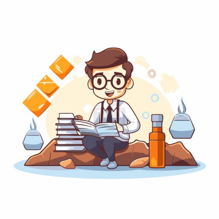 Illustration for Businessman sitting on the rocks and reading a book. Vector illustration. - Royalty Free Image